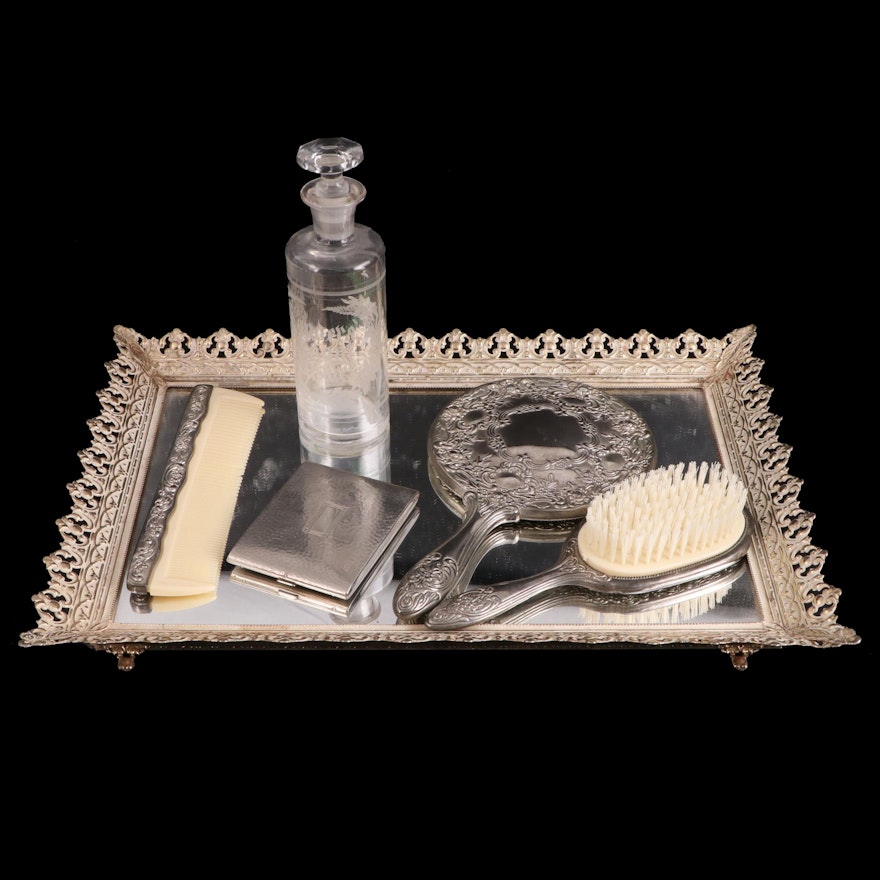 Silver Plate Dresser Set with Tray and Cigarette Case