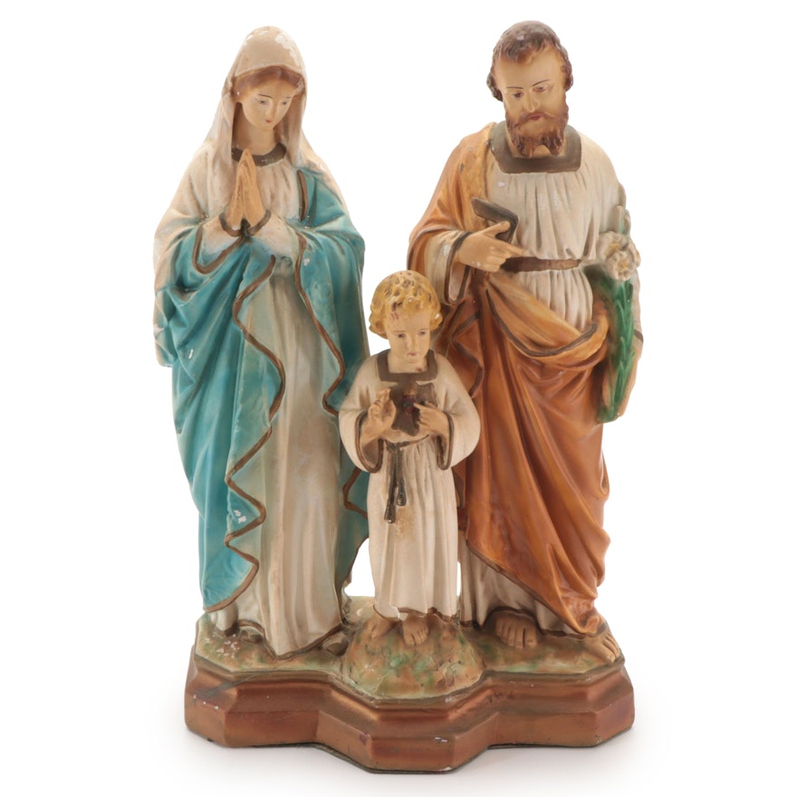Painted Cast Plaster Holy Family Table Décor, Mid-20th Century