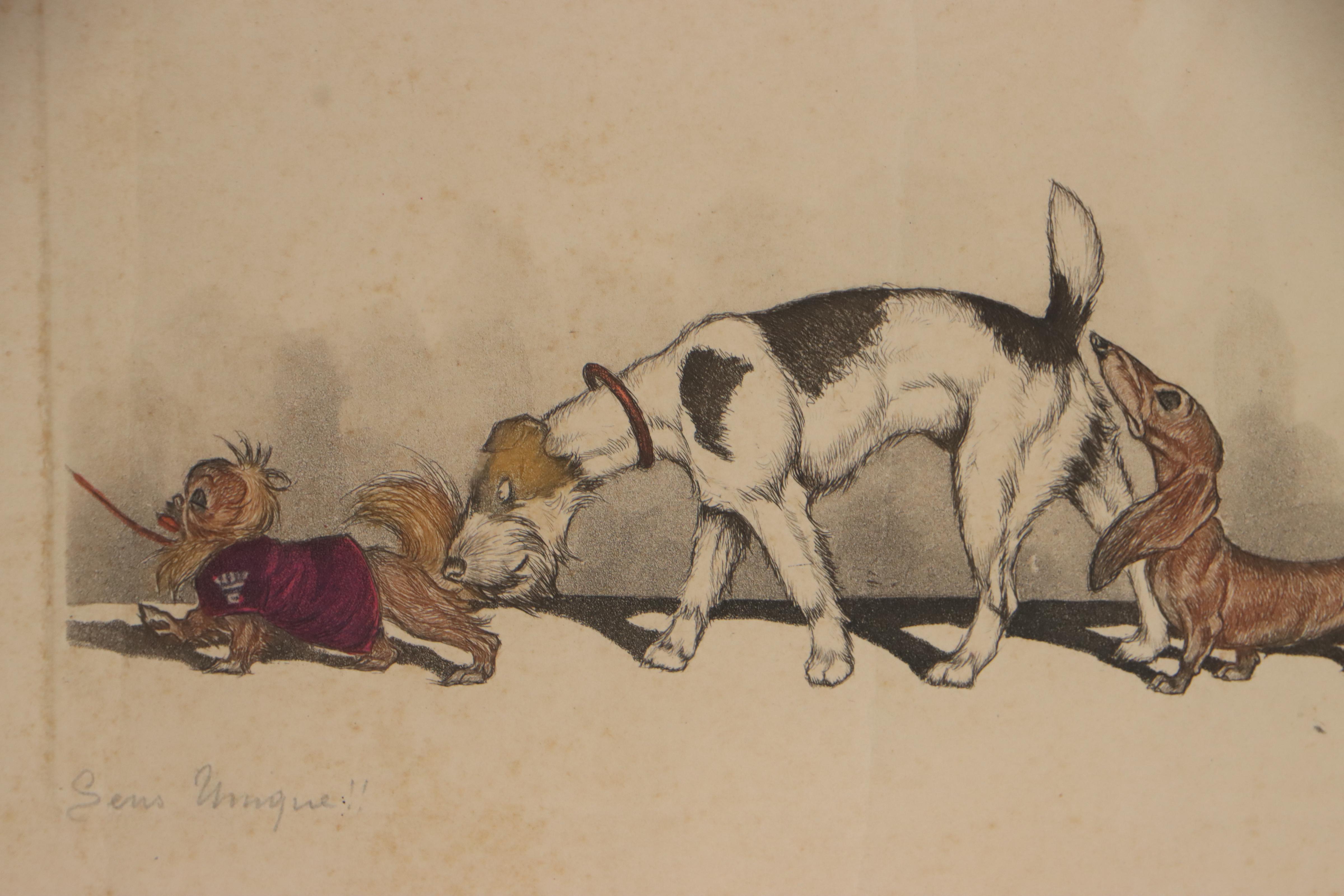 Boris O’Klein Hand-Colored Etching of Dogs "Sens Unique!!"