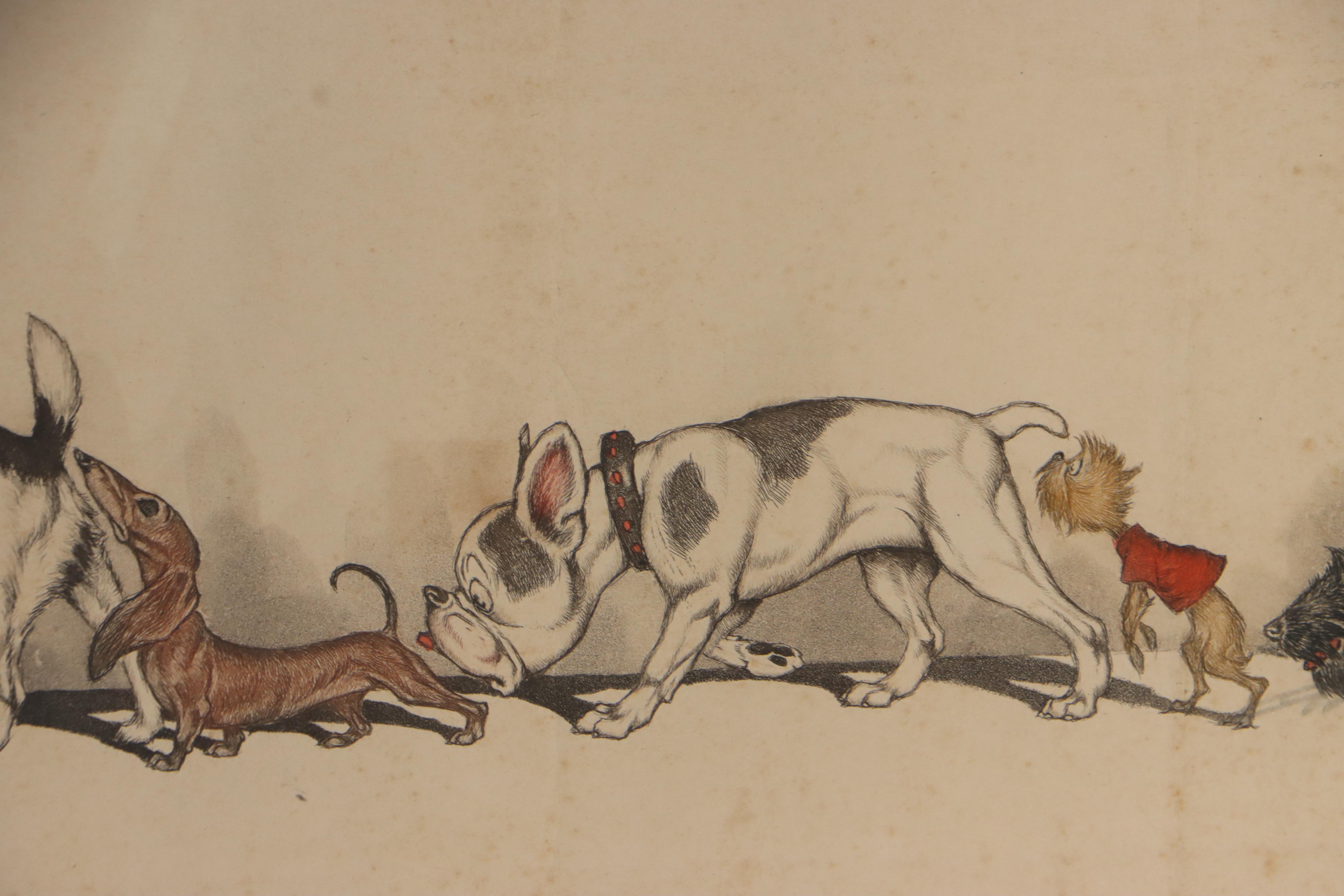 Boris O’Klein Hand-Colored Etching of Dogs "Sens Unique!!"