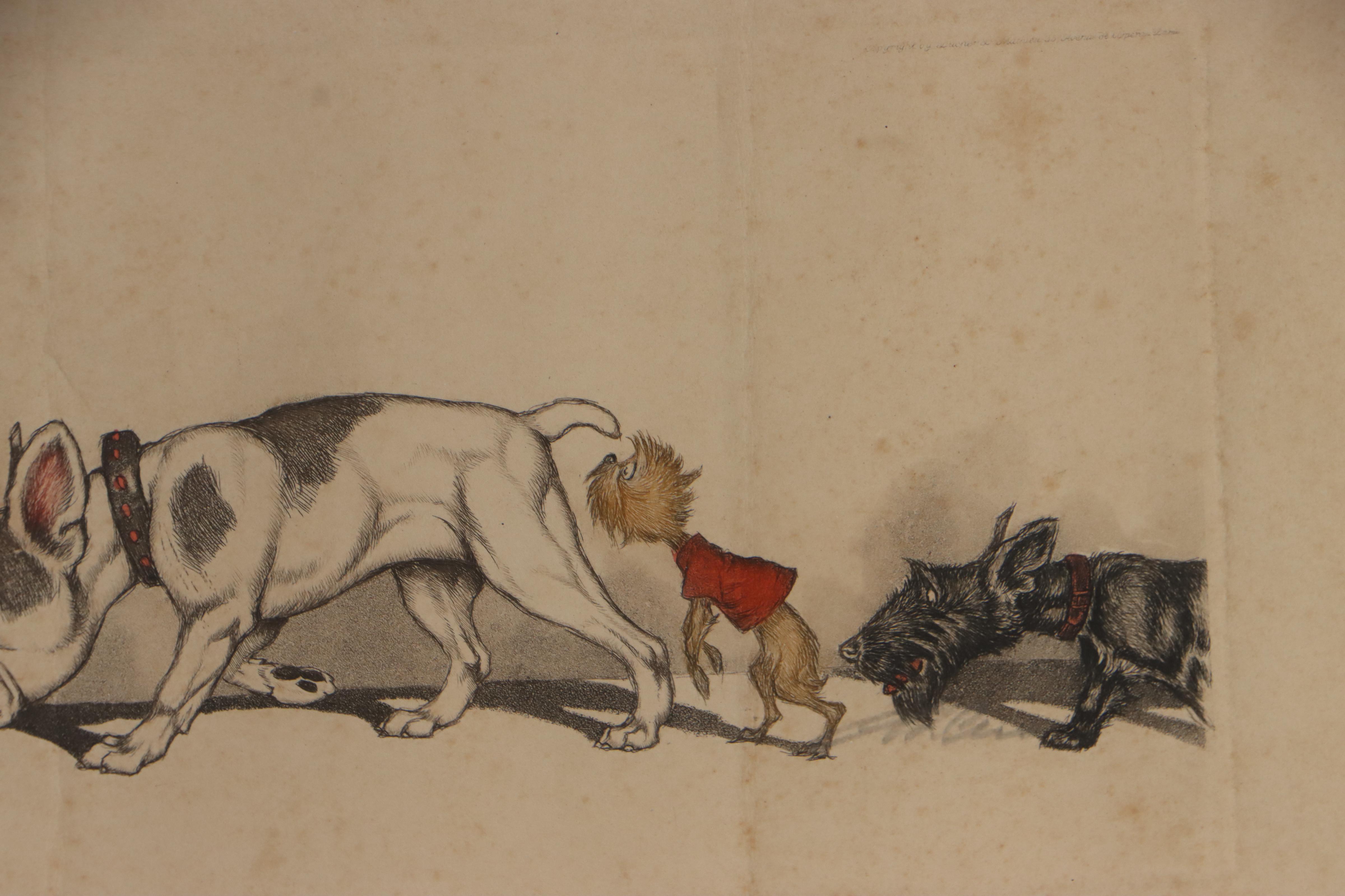 Boris O’Klein Hand-Colored Etching of Dogs "Sens Unique!!"