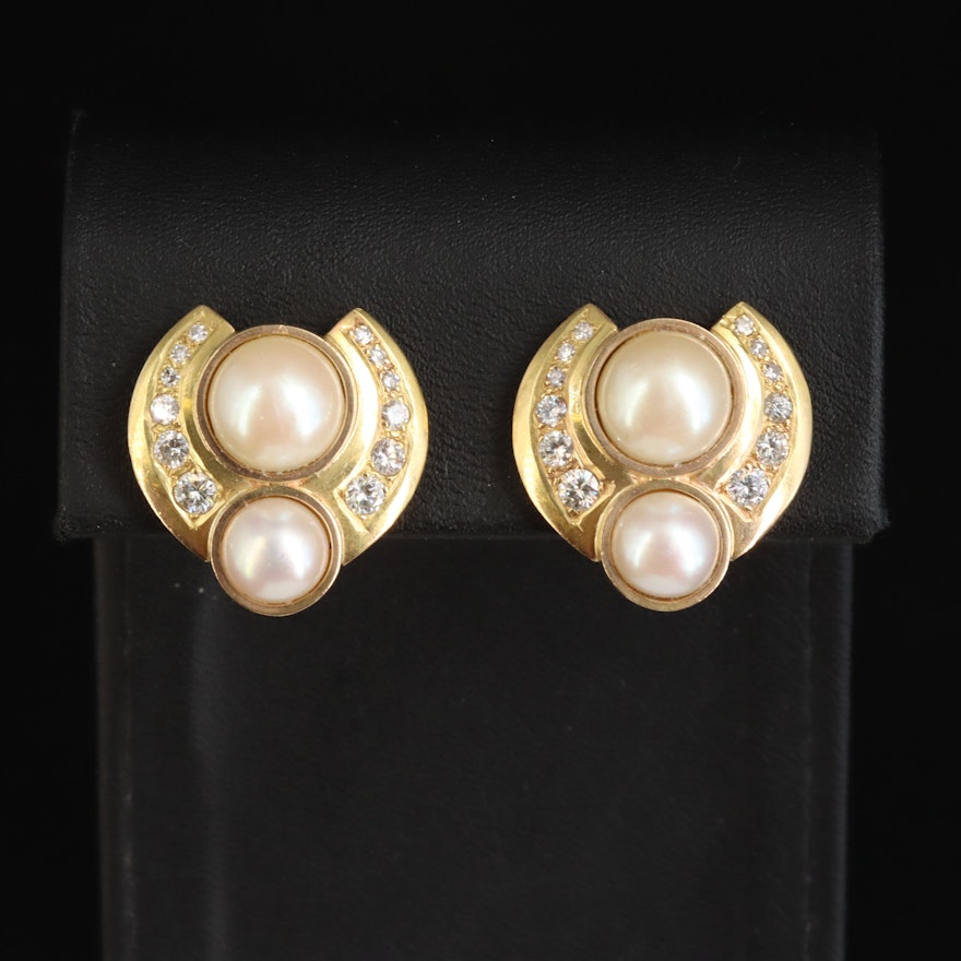 14K Imitation Pearl, Pearl and Diamond Earrings