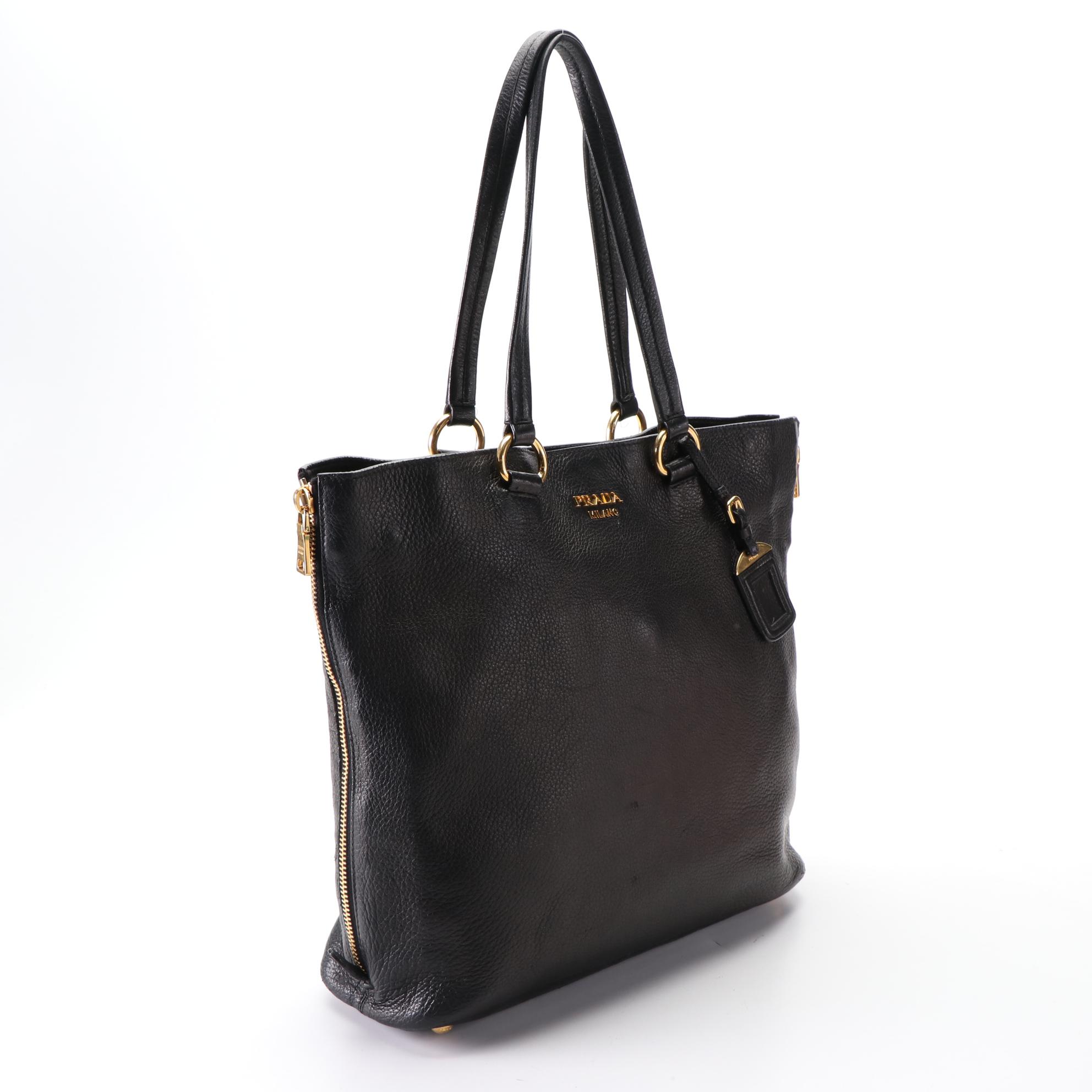Prada Large Slim Shoulder Tote in Black Deerskin Leather
