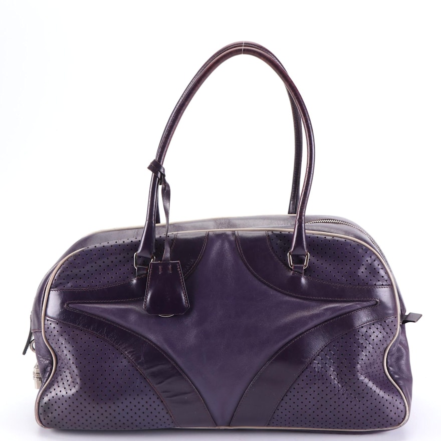 Prada Bowler Bag in Purple Calfskin Smooth, Grained, and Perforated Leather