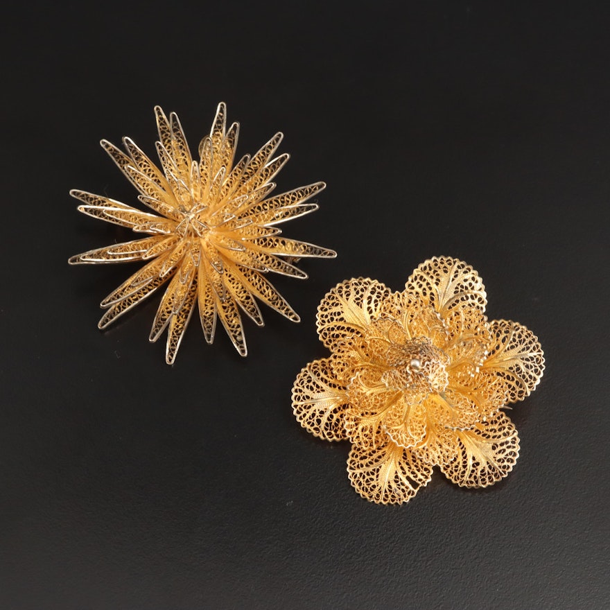 Portuguese Sterling Filigree Flower Brooches