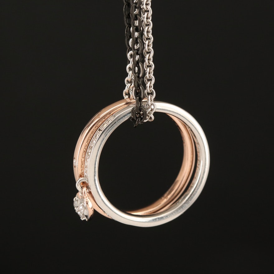Sterling Diamond Double Circle Pendant Necklace with 10K Rose Gold
