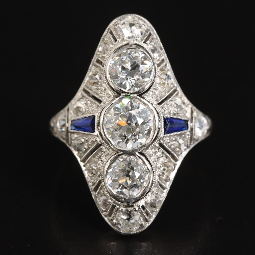 Early Art Deco Platinum 2.34 CTW Diamond and Sapphire Ring