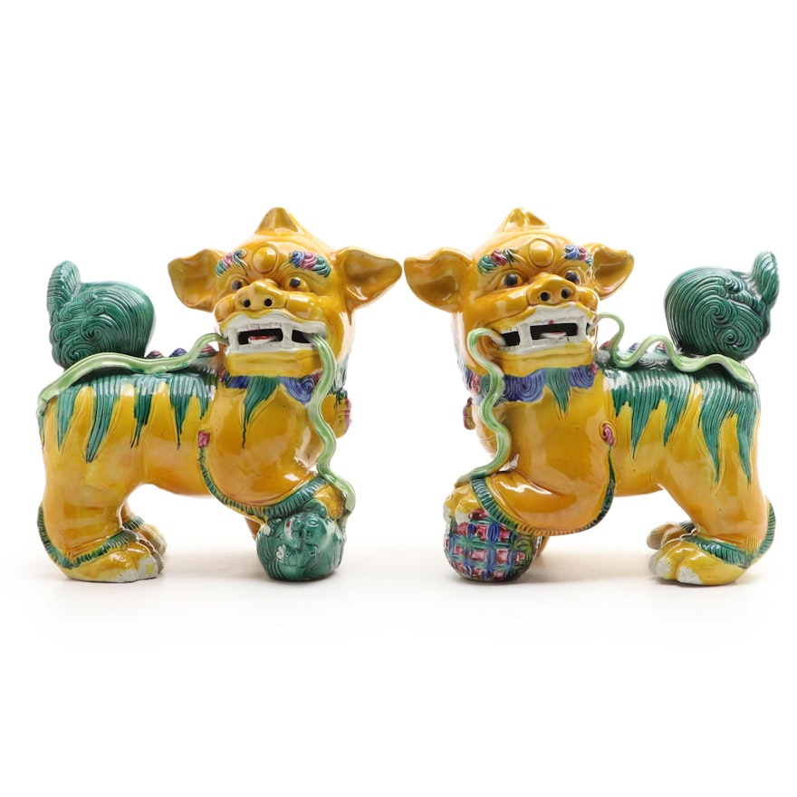 Pair of Sancai Glaze Guardian Lion Earthenware Figurines
