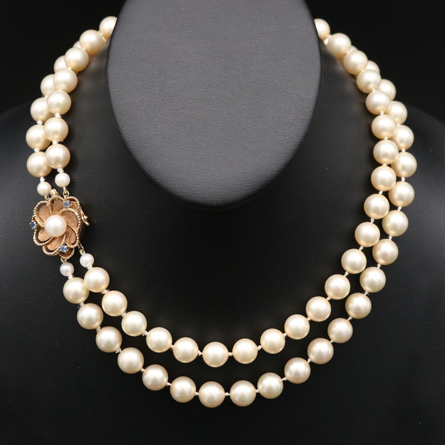 Vintage Glass Pearl Necklace with 14K Sapphire and Pearl Floral Clasp