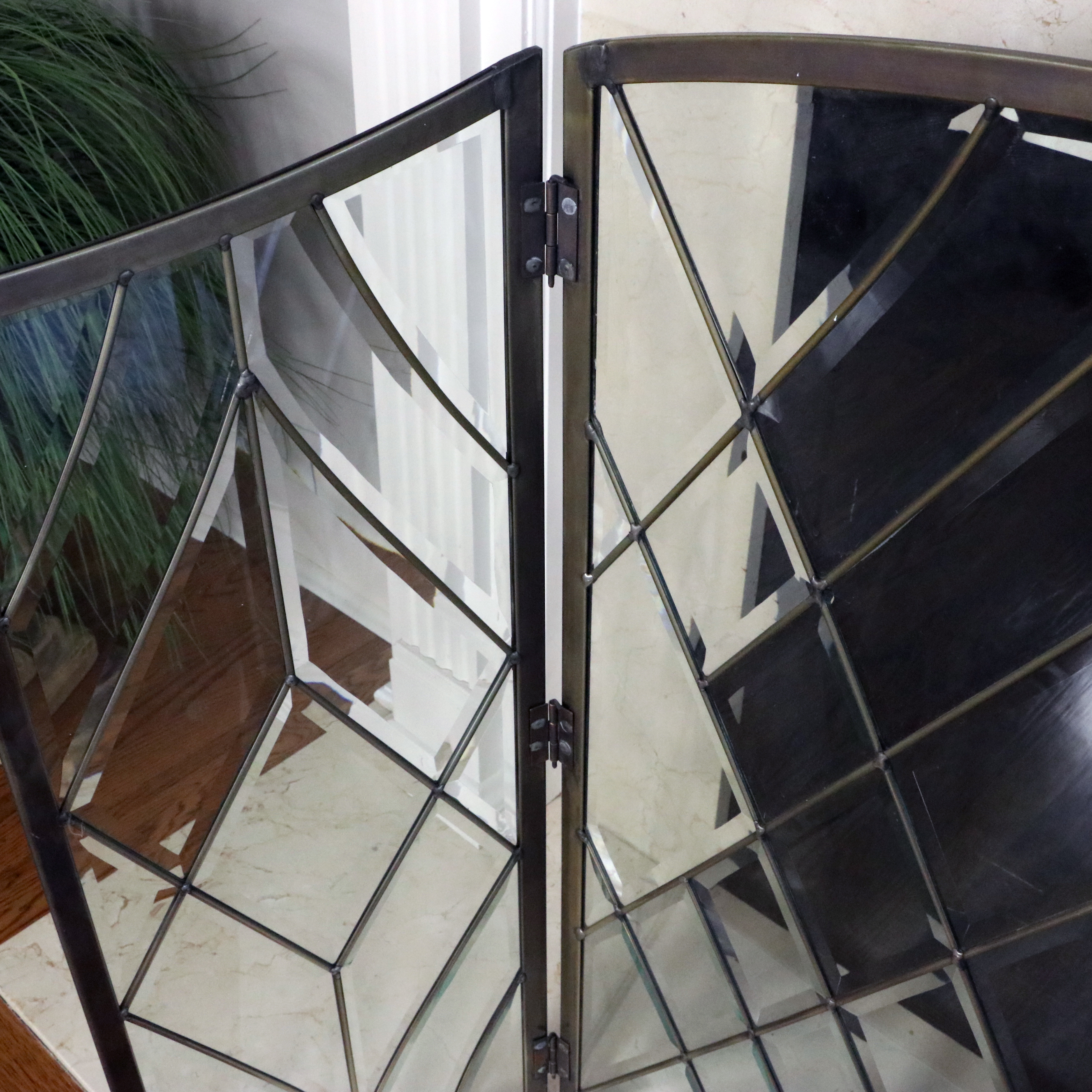 Beveled Glass Three-Panel Folding Fireplace Screen