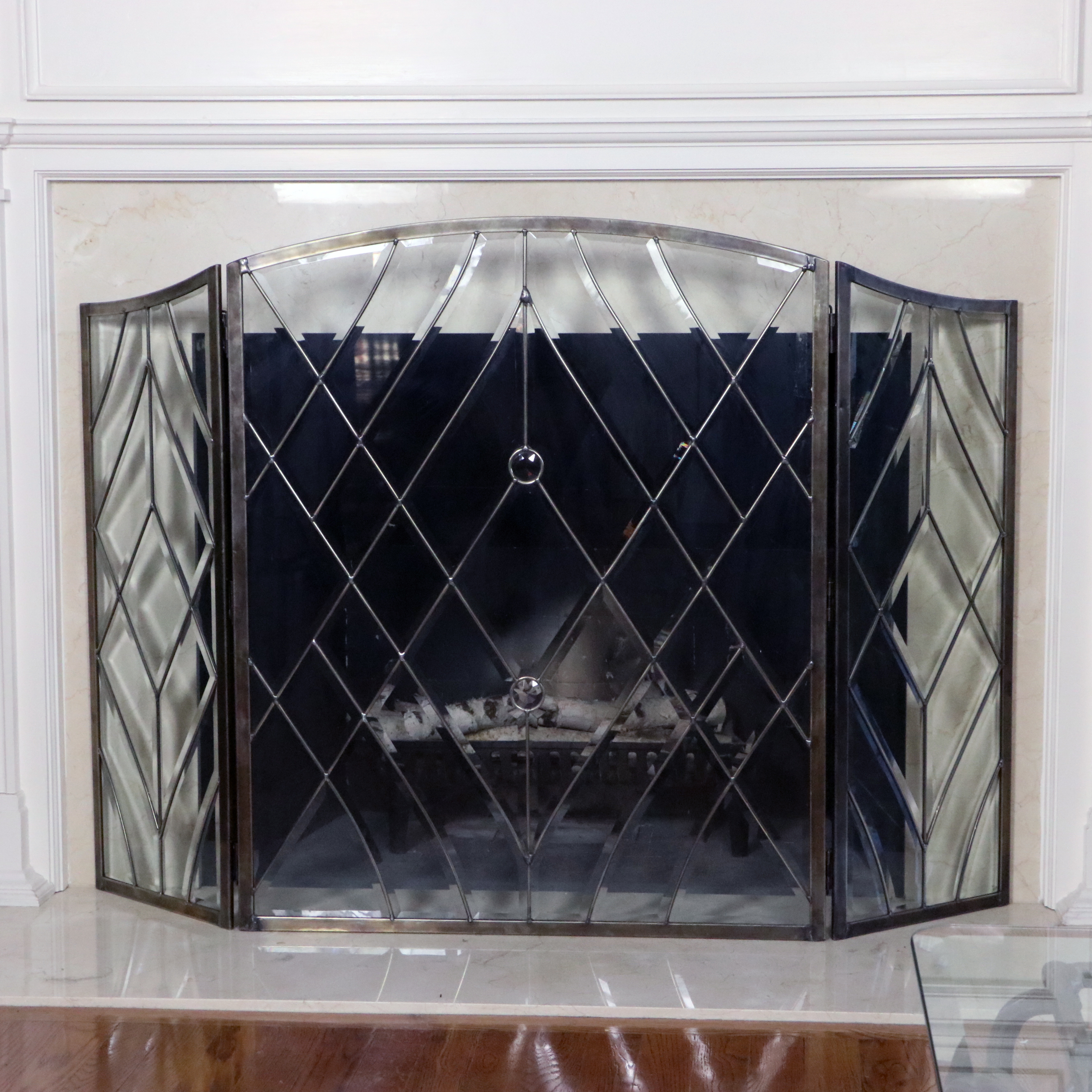 Beveled Glass Three-Panel Folding Fireplace Screen