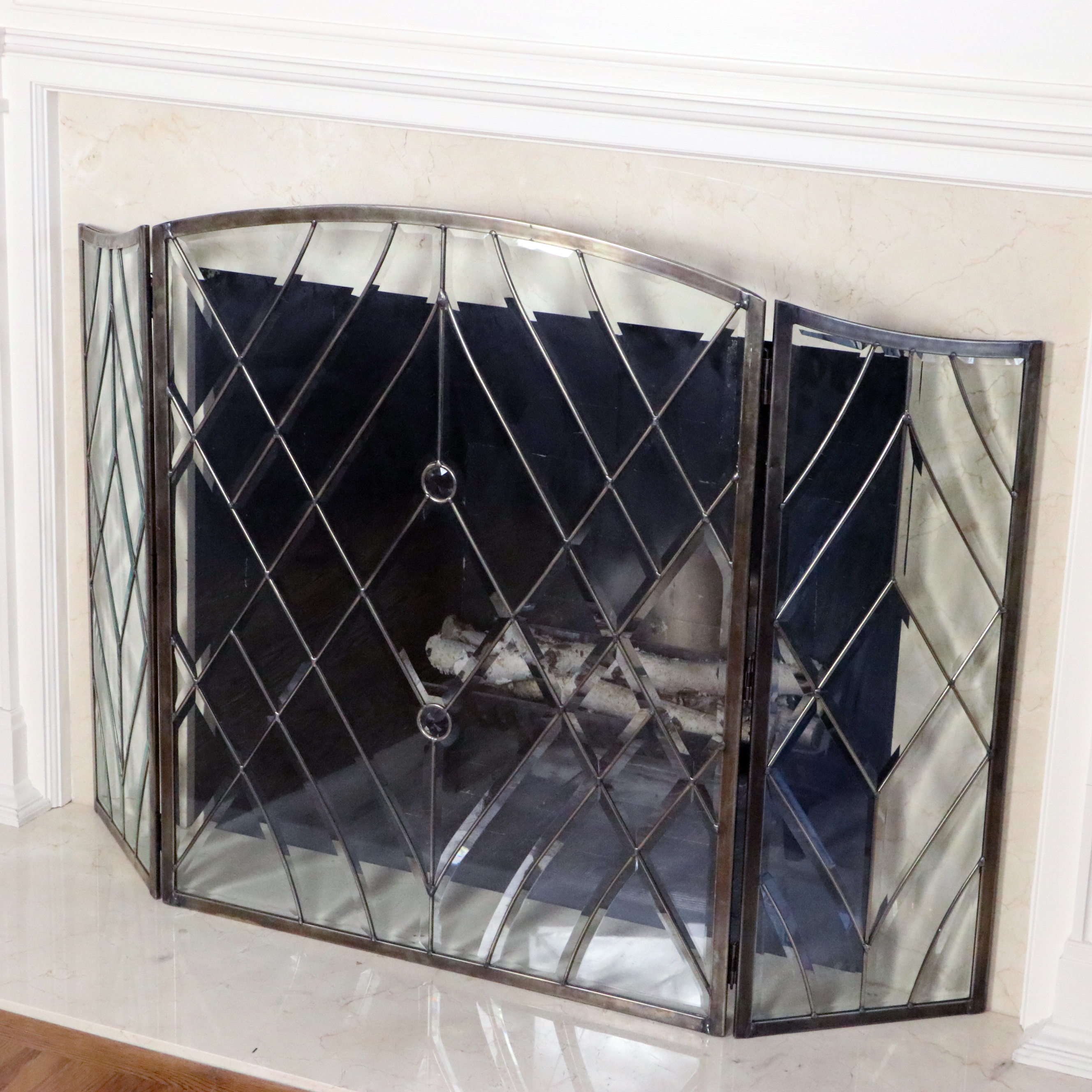 Beveled Glass Three-Panel Folding Fireplace Screen