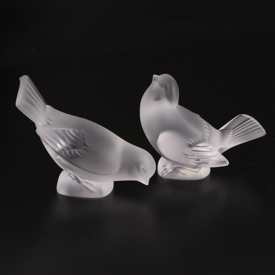 Lalique "Moineau Moqueur" and "Moineau Timide" Frosted Crystal Sparrow Figurines