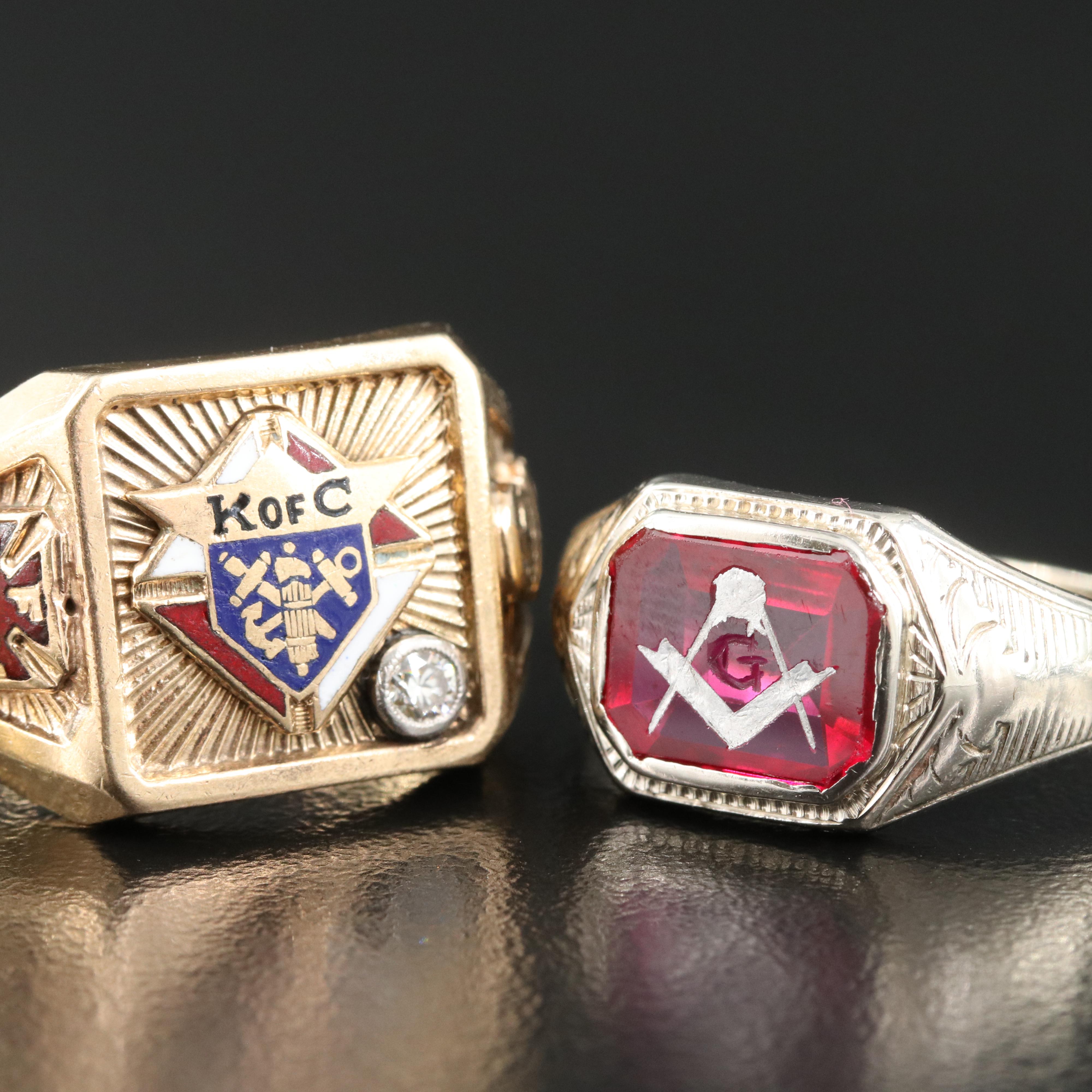 14K Cubic Zirconia Ring with 10K Masonic and Knights of Columbus Rings