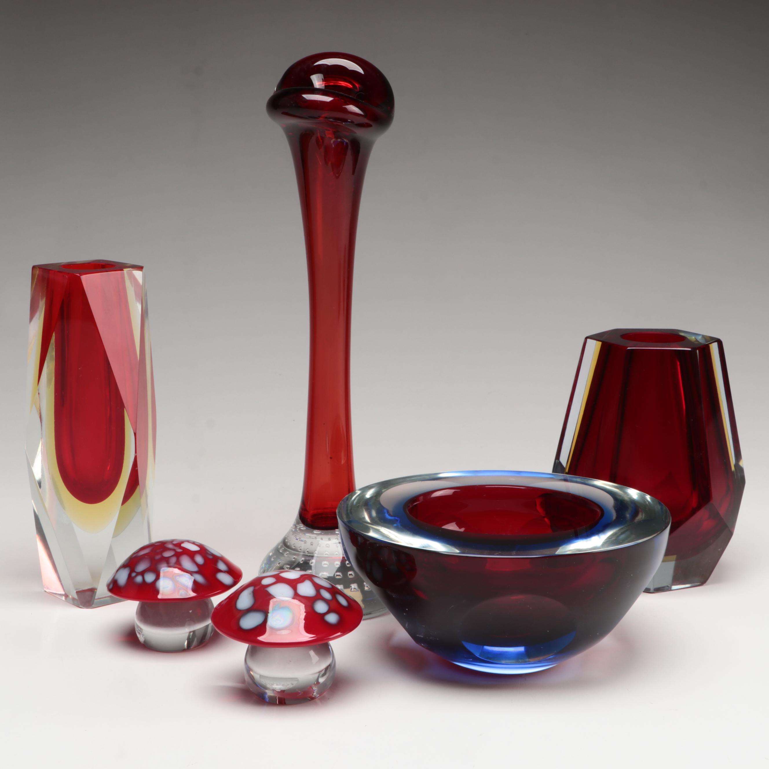 Orrefors Glass Mushrooms with Murano Style Glassware