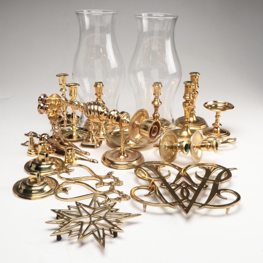 Virginia Metalcrafters and Other Brass Candleholders, Wall Sconces and Trivets