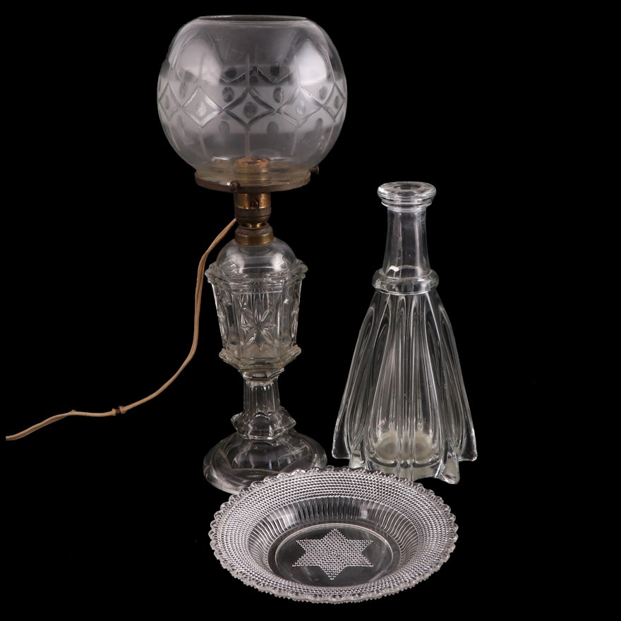 Victorian Flint Glass Decanter and Pressed Glass Oil Lamp, Adapted, With Dish