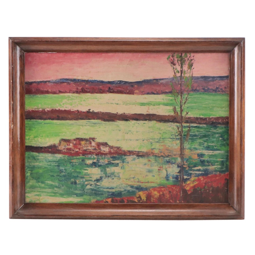 Coastal Landscape Oil Painting, Mid-20th Century