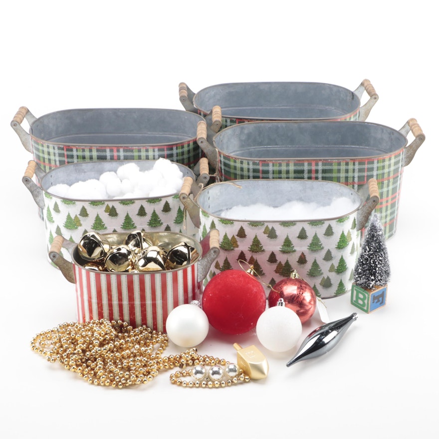 Patterned Christmas Buckets With Ornaments and Other Christmas Decor