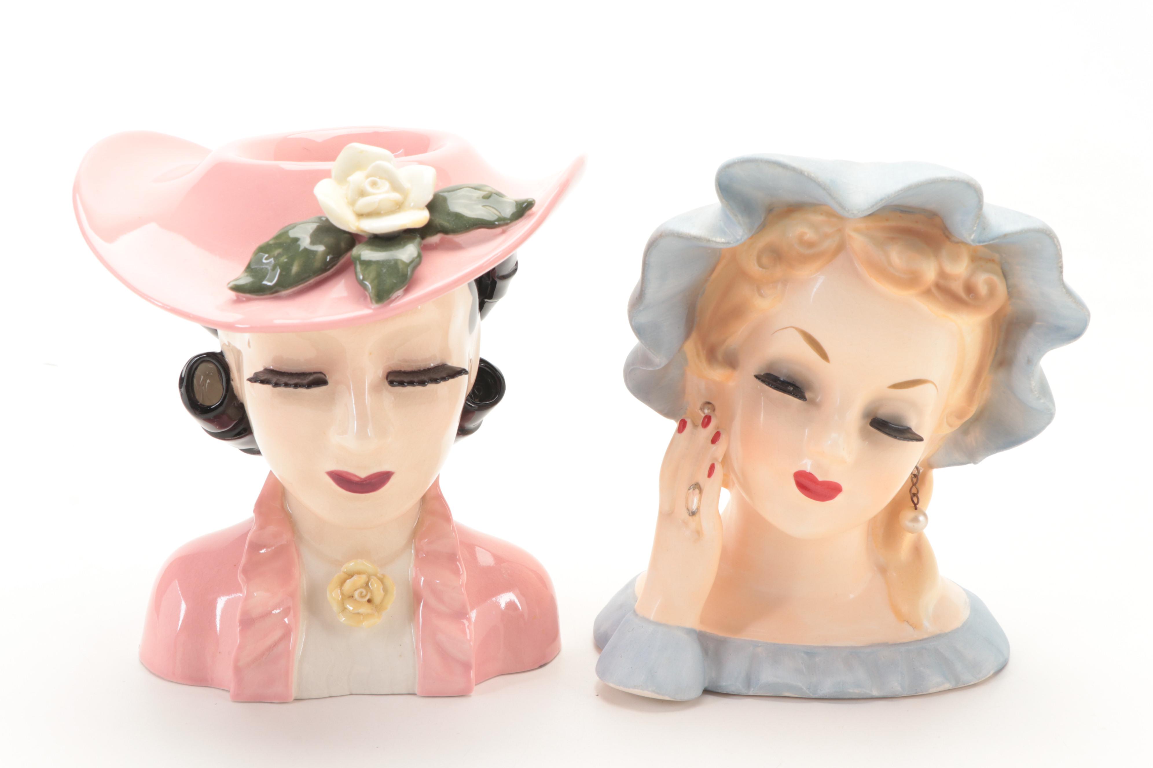 Dorothy Kindell Pottery, Napcoware and Other Ceramic Lady Head Vases, Mid-20th C