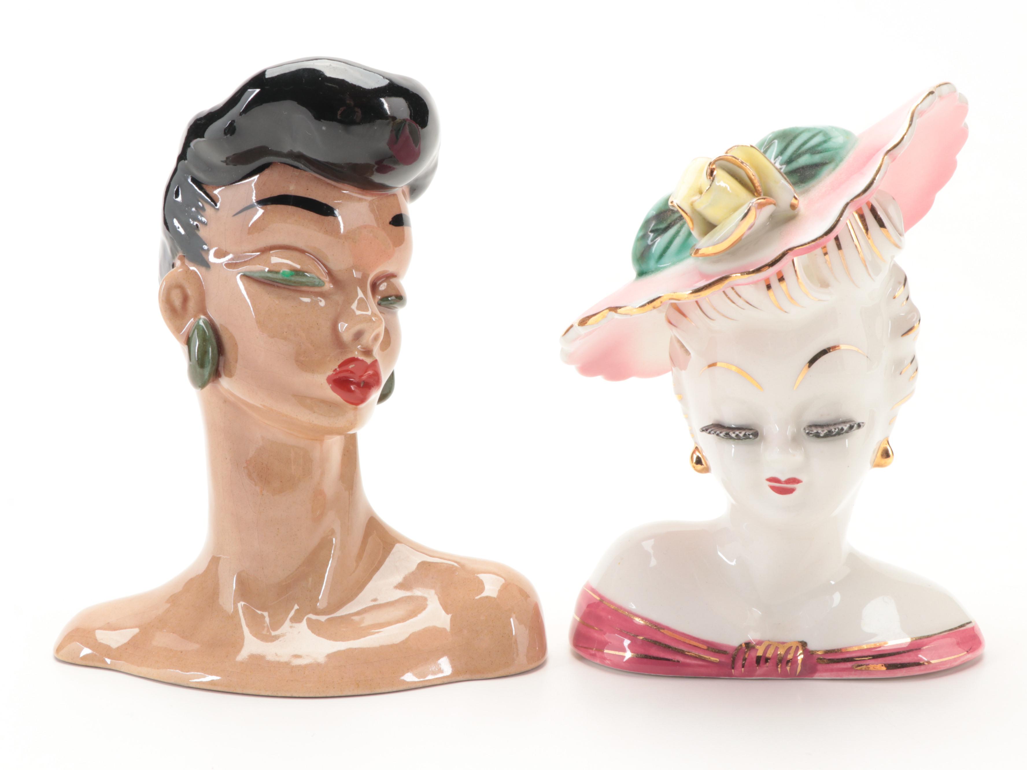 Dorothy Kindell Pottery, Napcoware and Other Ceramic Lady Head Vases, Mid-20th C