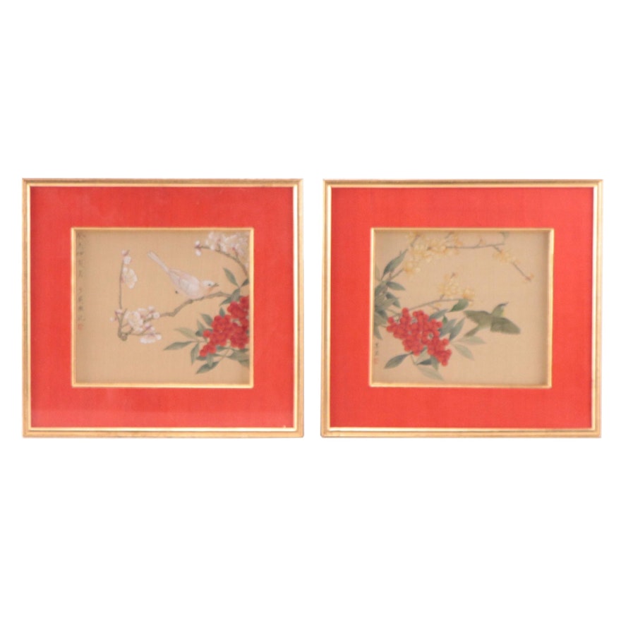 East Asian Gouache Painting of Birds and Flowers