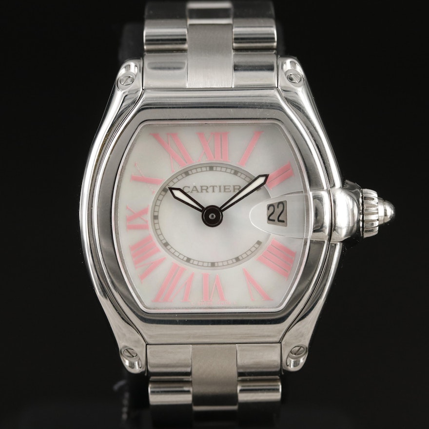 Cartier Roadster Mother-of-Pearl and Pink Numerals Stainless Steel Wristwatch