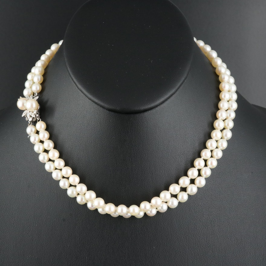 Double Strand Pearl Necklace with 14K Diamond and Pearl Floral Clasp