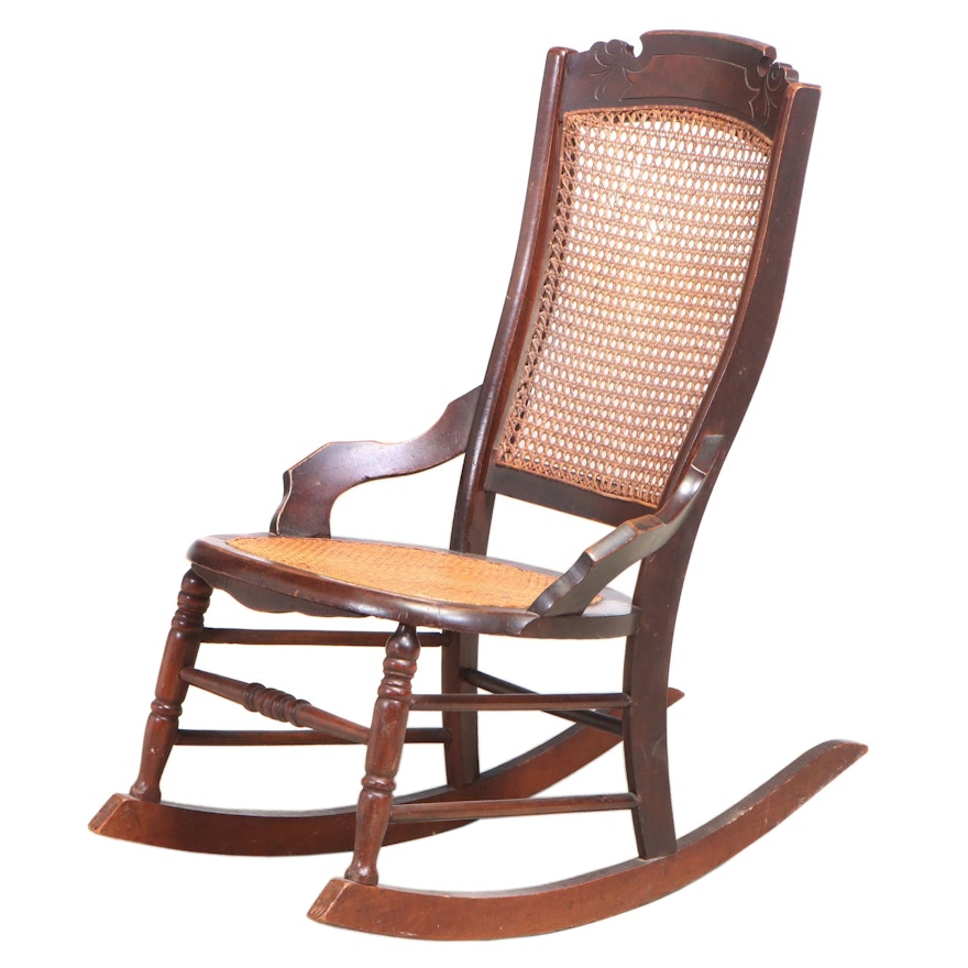 Victorian Walnut and Caned Rocking Chair, Late 19th Century