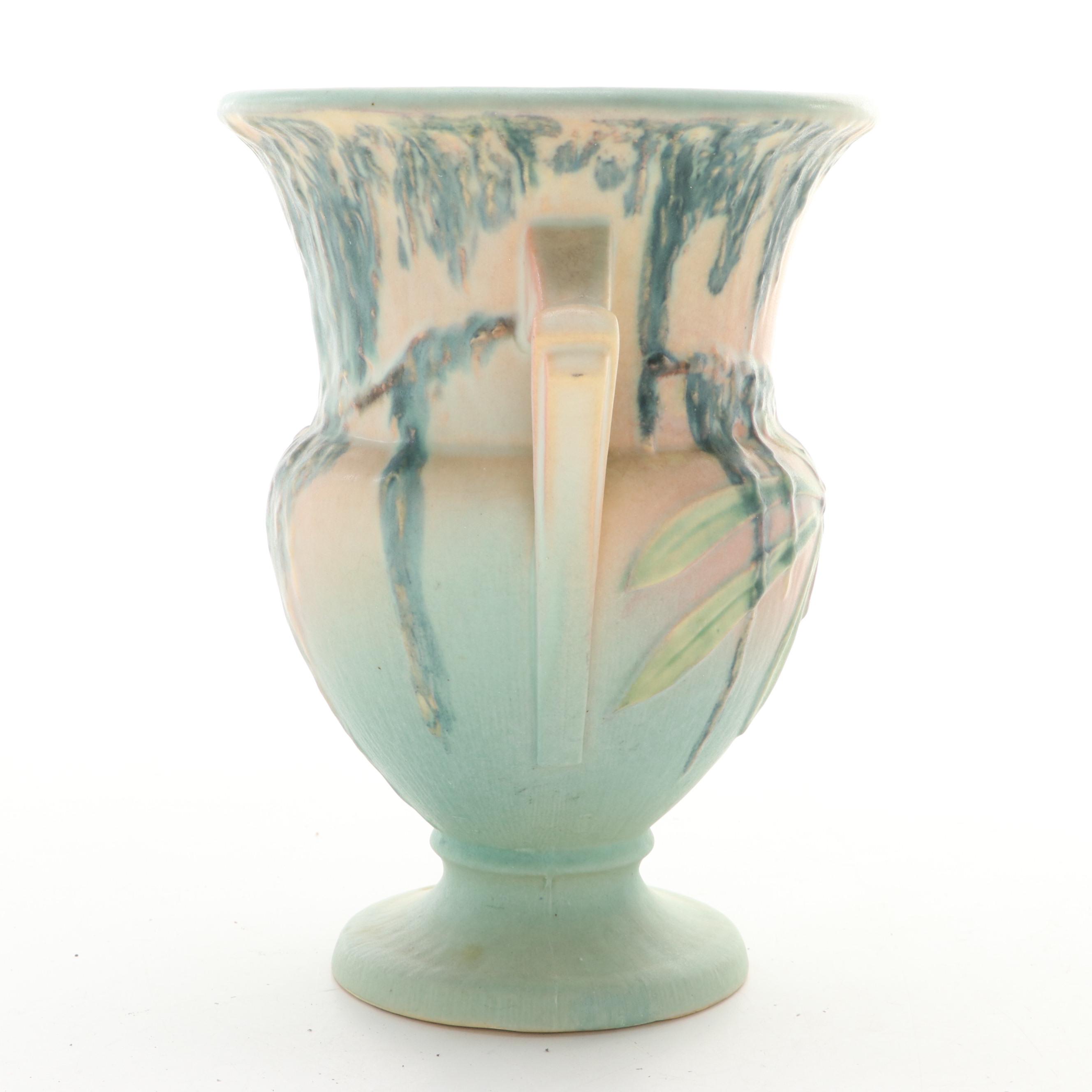 Roseville Pottery "Moss" Pink to Green Glazed Handled Vase, 1930s