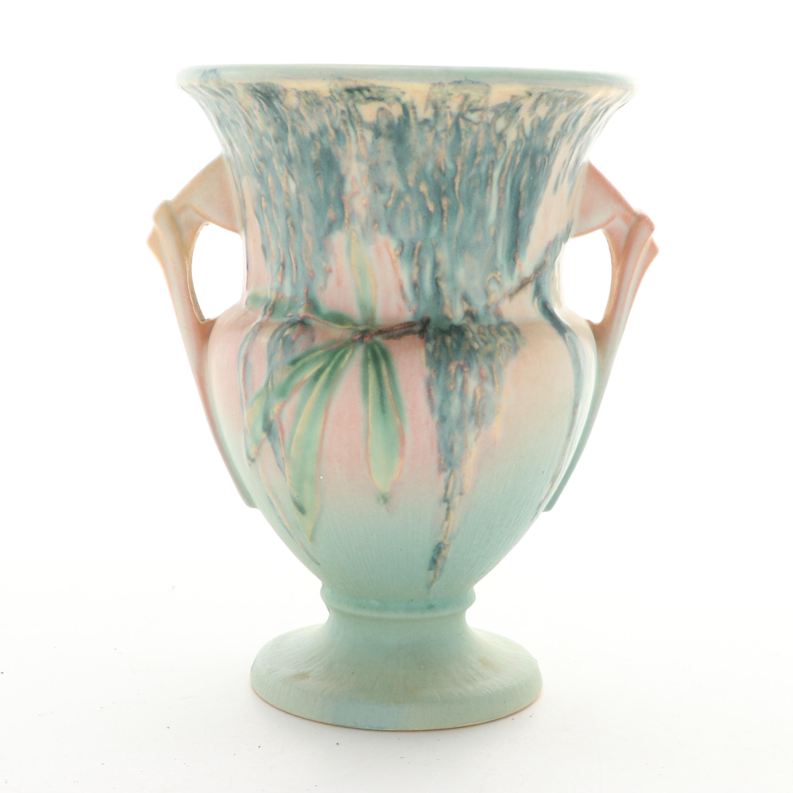 Roseville Pottery "Moss" Pink to Green Glazed Handled Vase, 1930s