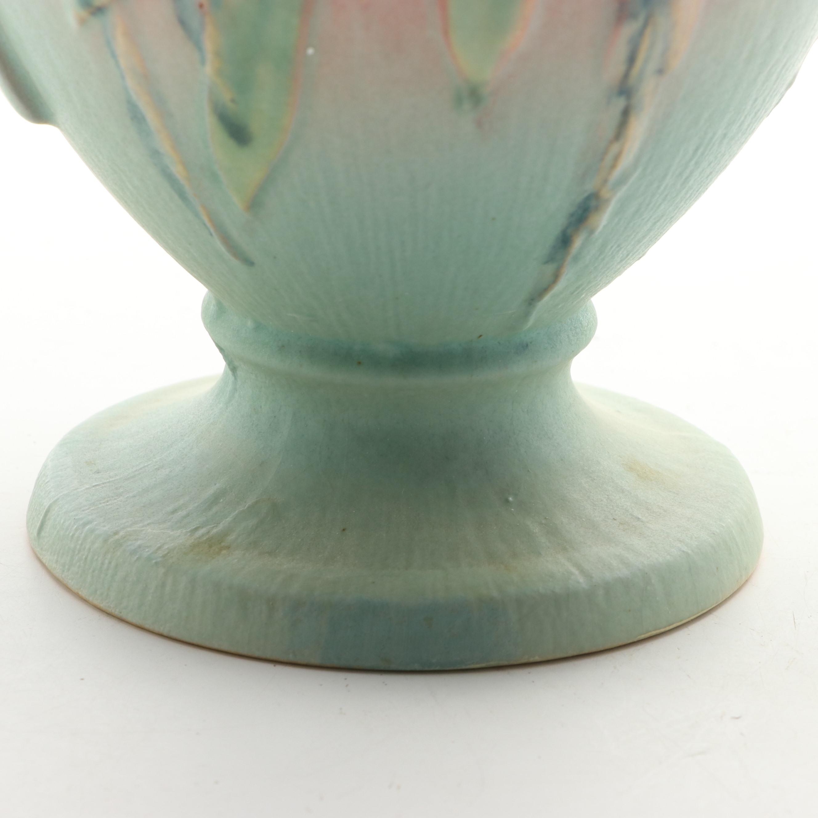 Roseville Pottery "Moss" Pink to Green Glazed Handled Vase, 1930s