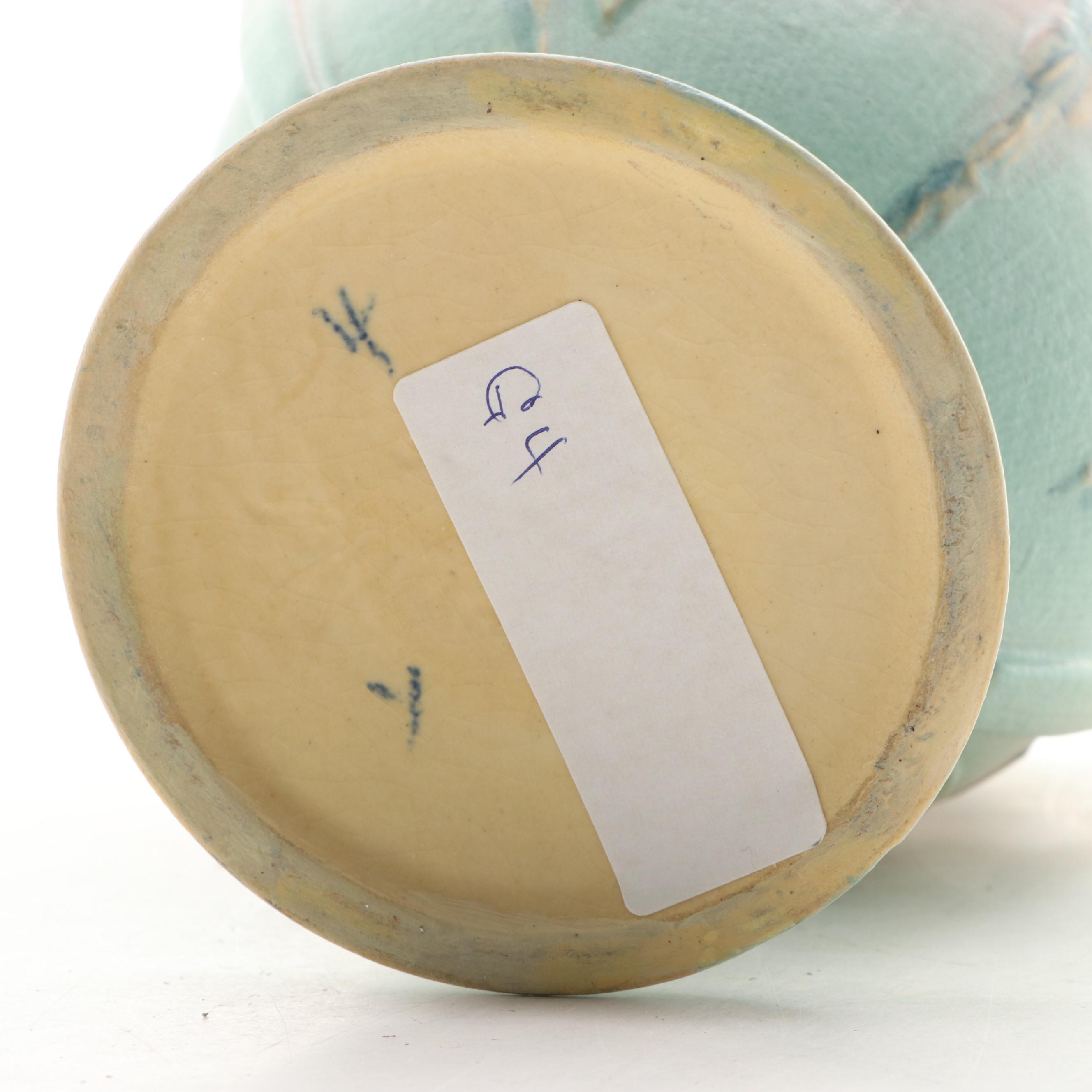 Roseville Pottery "Moss" Pink to Green Glazed Handled Vase, 1930s