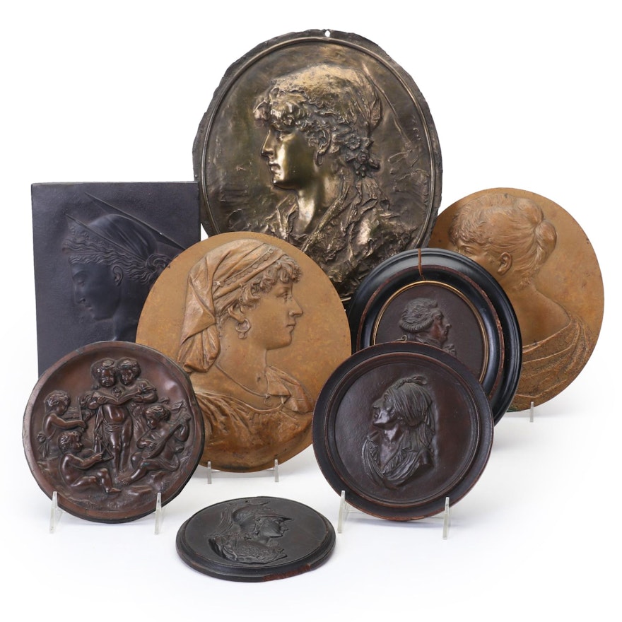 Brass, Wood, Plaster, and Bronze Bas Relief Plaques