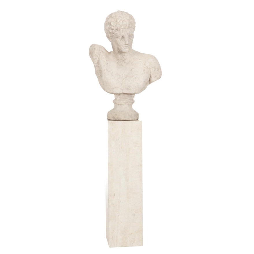 Cast Stone Hermes Bust Sculpture With Marble Plinth