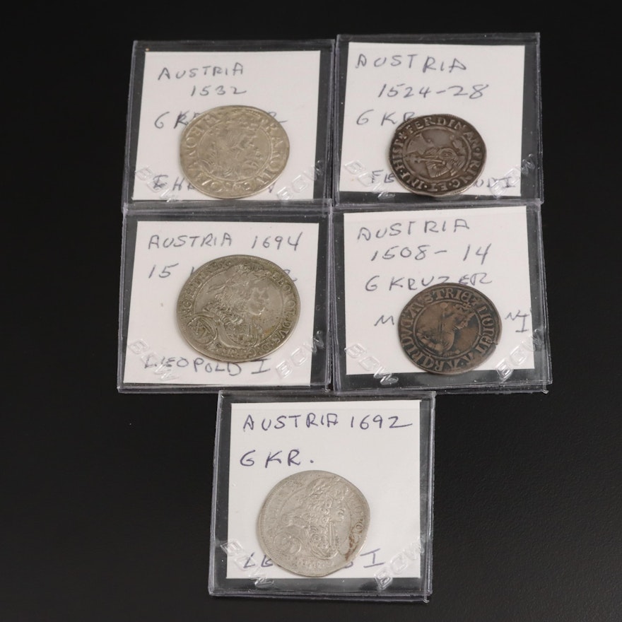 Group of Five Silver and Copper Austrian Coins Dated from 1508-1694