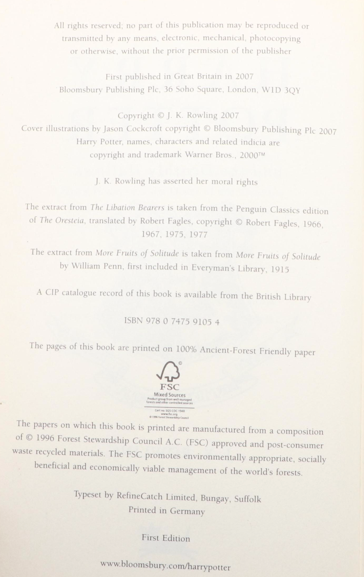 First UK Edition "Harry Potter and the Deathly Hallows" by J. K. Rowling, 2007