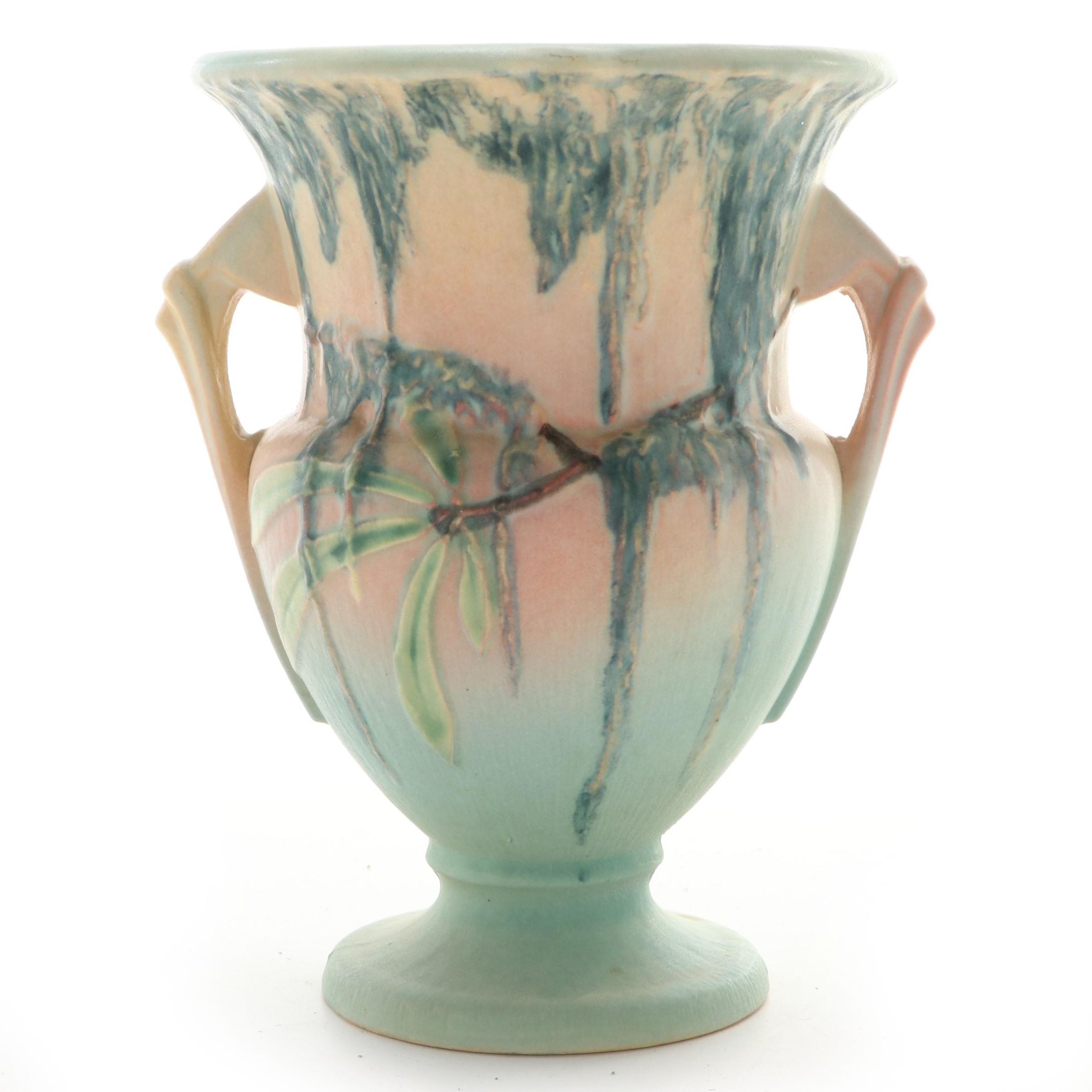 Roseville Pottery "Moss" Pink to Green Glazed Handled Vase, 1930s
