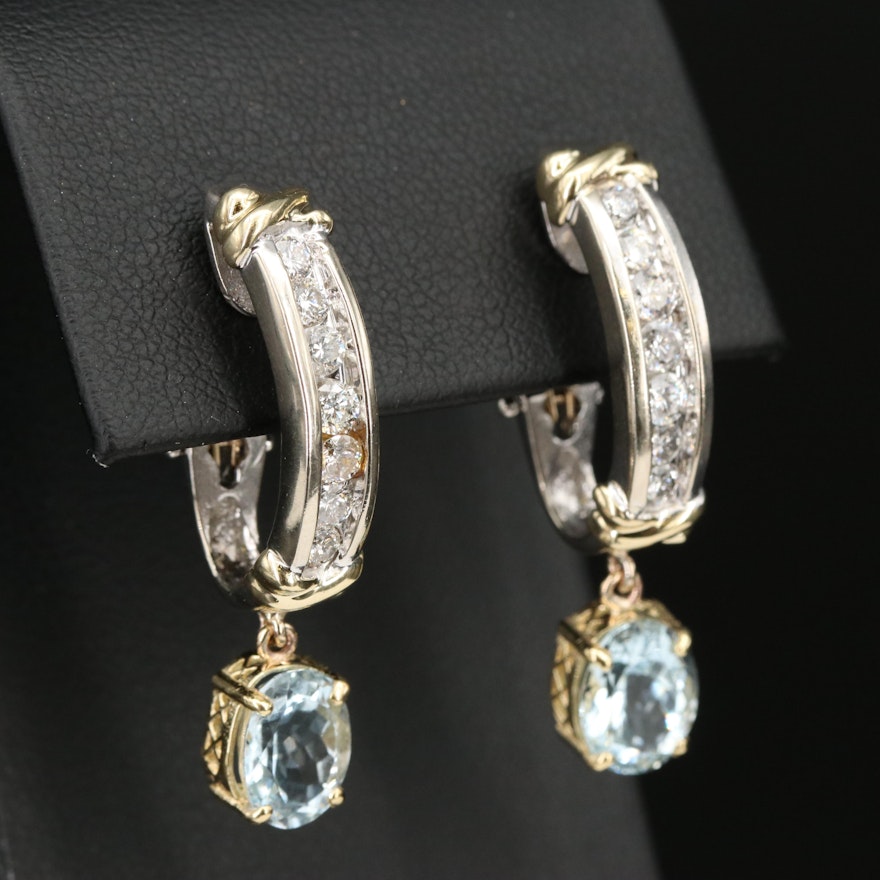 14K Diamond and Aquamarine J-Hoop Earrings