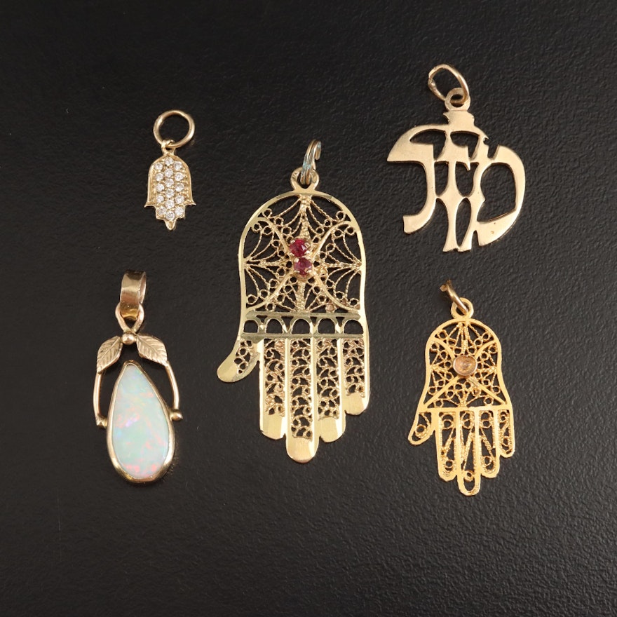 14K Pendants Including Hamsa, Opal and Diamonds