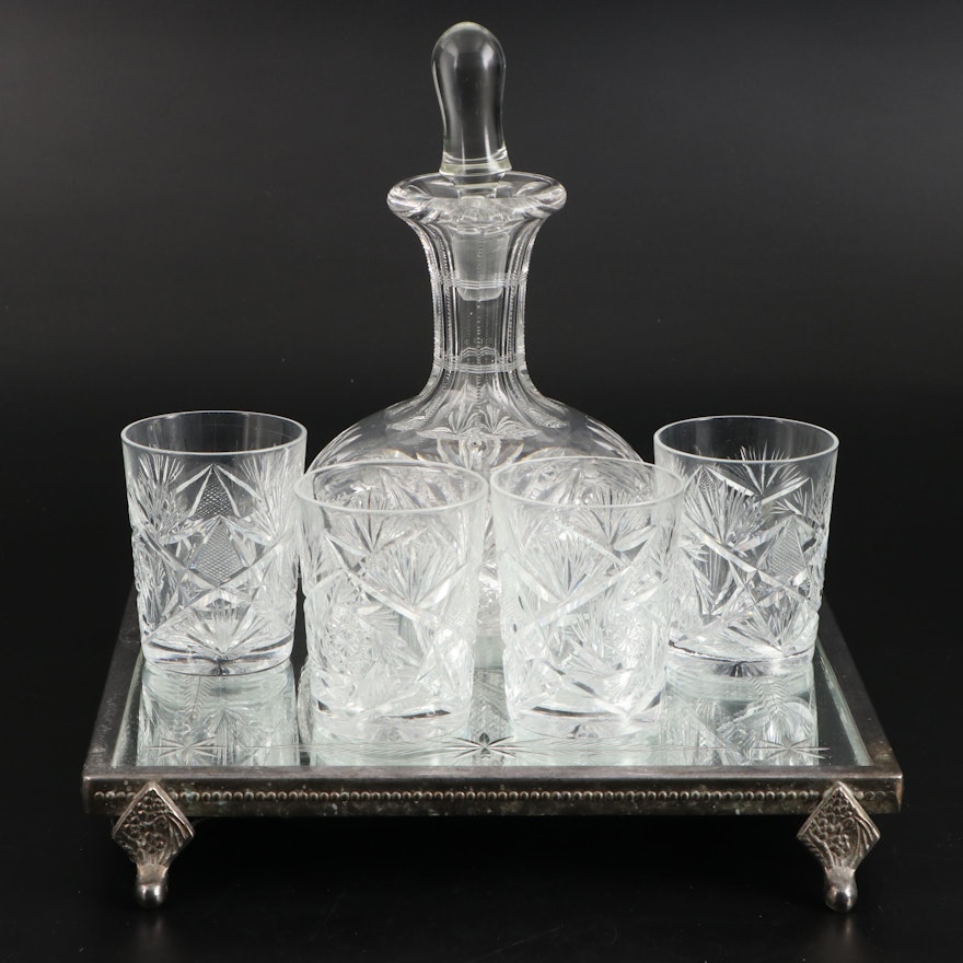 Crystal Decanter and Glasses Set with Etched Silver-Plated Plateau