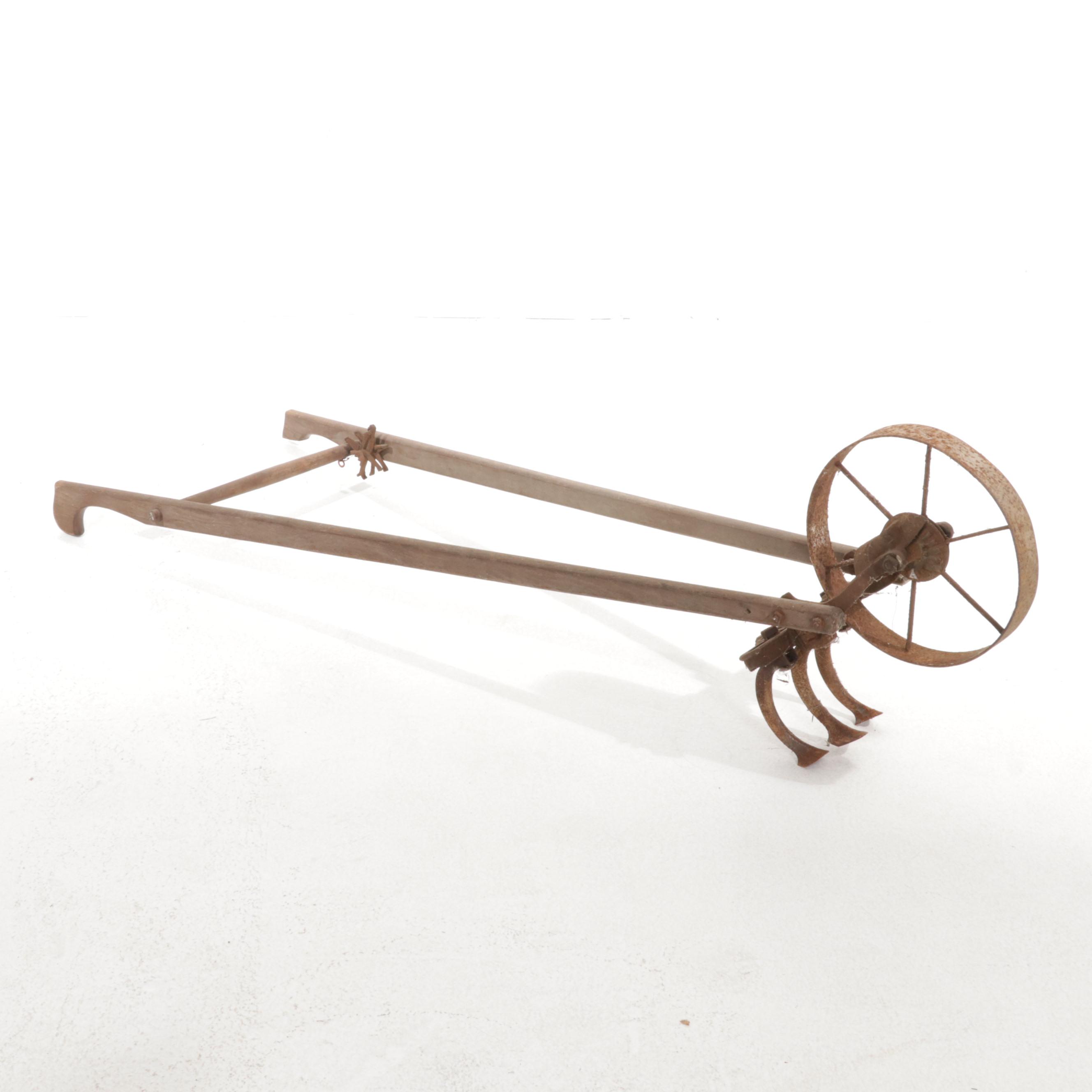 Wood and Steel Walk-Behind Garden Plow with Tools, Mid to Late 20th Century