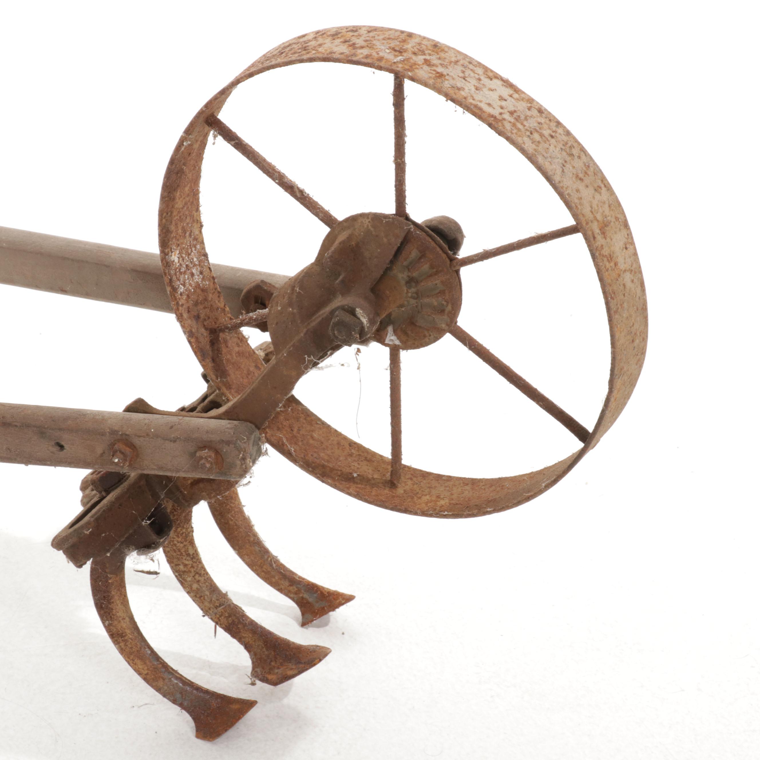 Wood and Steel Walk-Behind Garden Plow with Tools, Mid to Late 20th Century