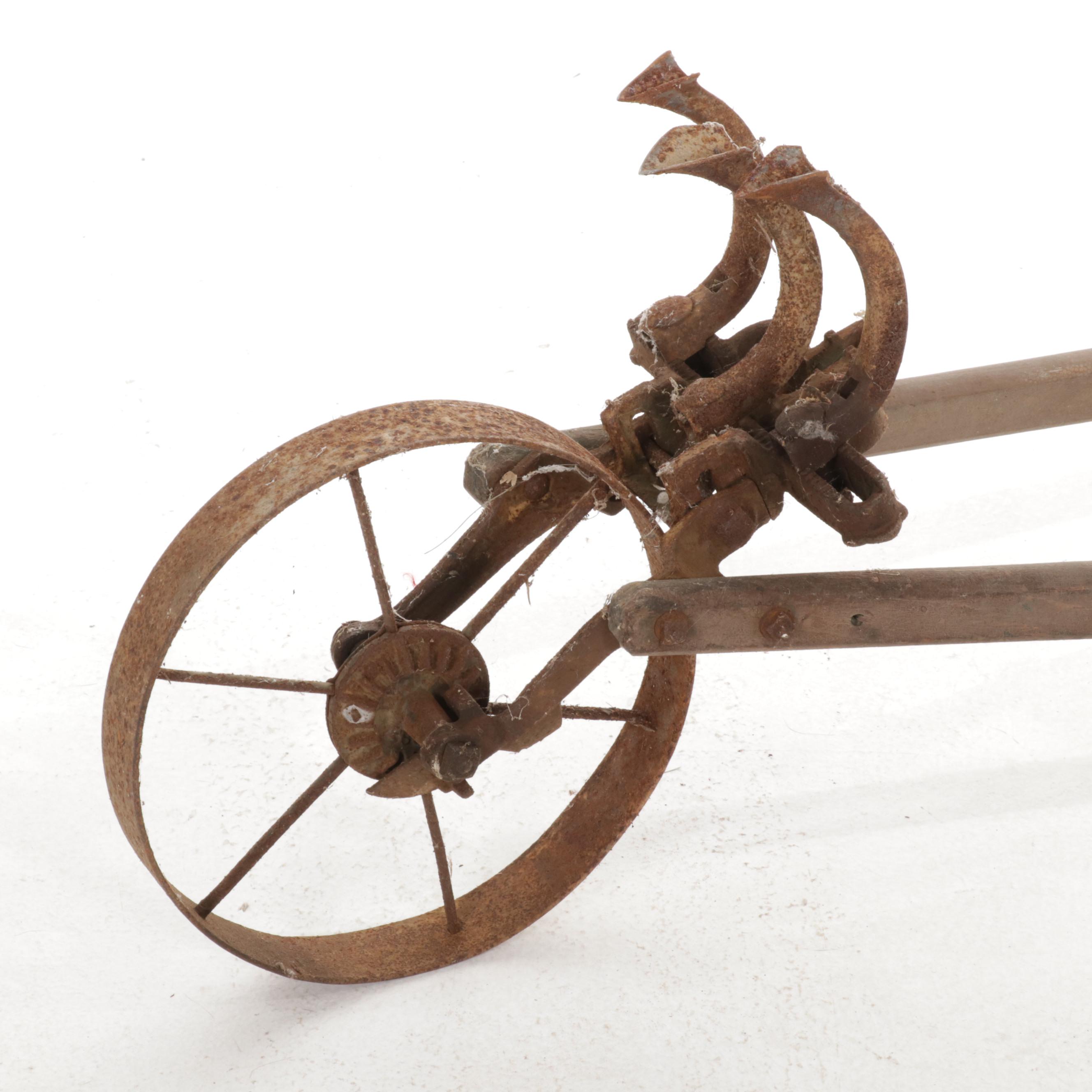 Wood and Steel Walk-Behind Garden Plow with Tools, Mid to Late 20th Century