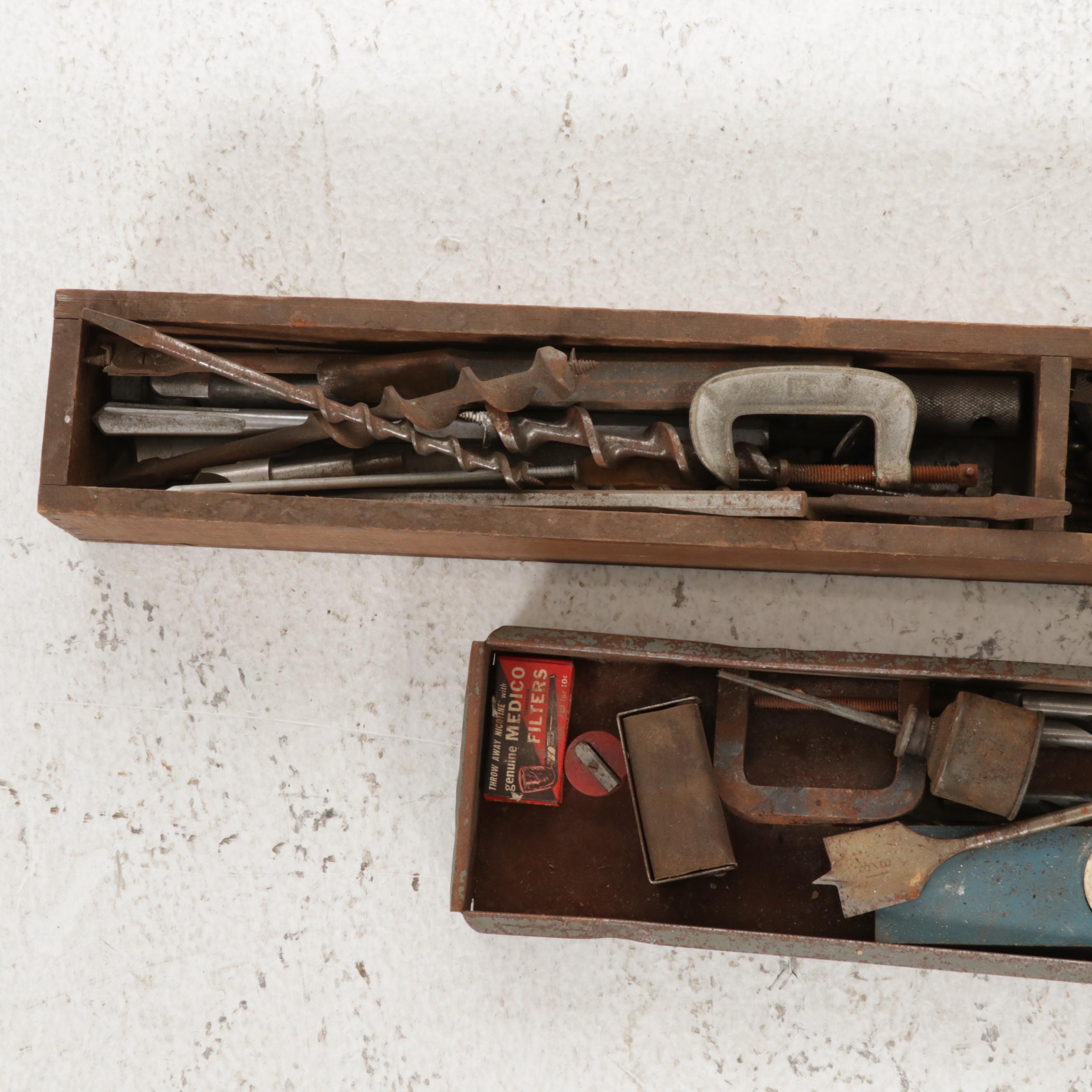 Wood and Steel Walk-Behind Garden Plow with Tools, Mid to Late 20th Century