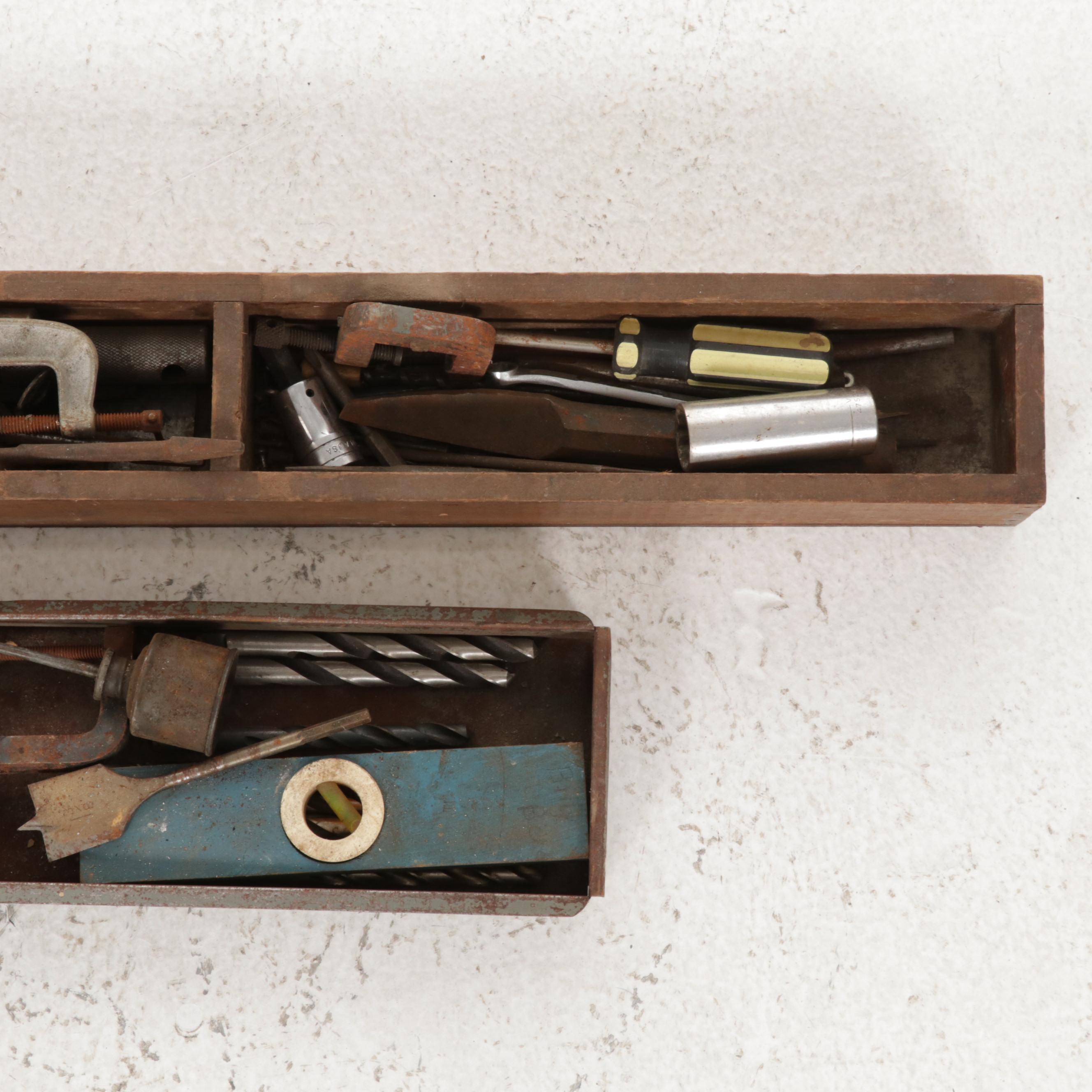 Wood and Steel Walk-Behind Garden Plow with Tools, Mid to Late 20th Century