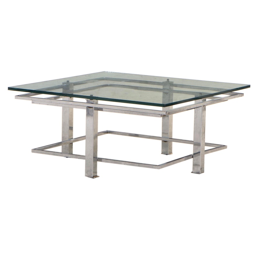 Square Chrome Framed Coffee Table with Glass, 1980s