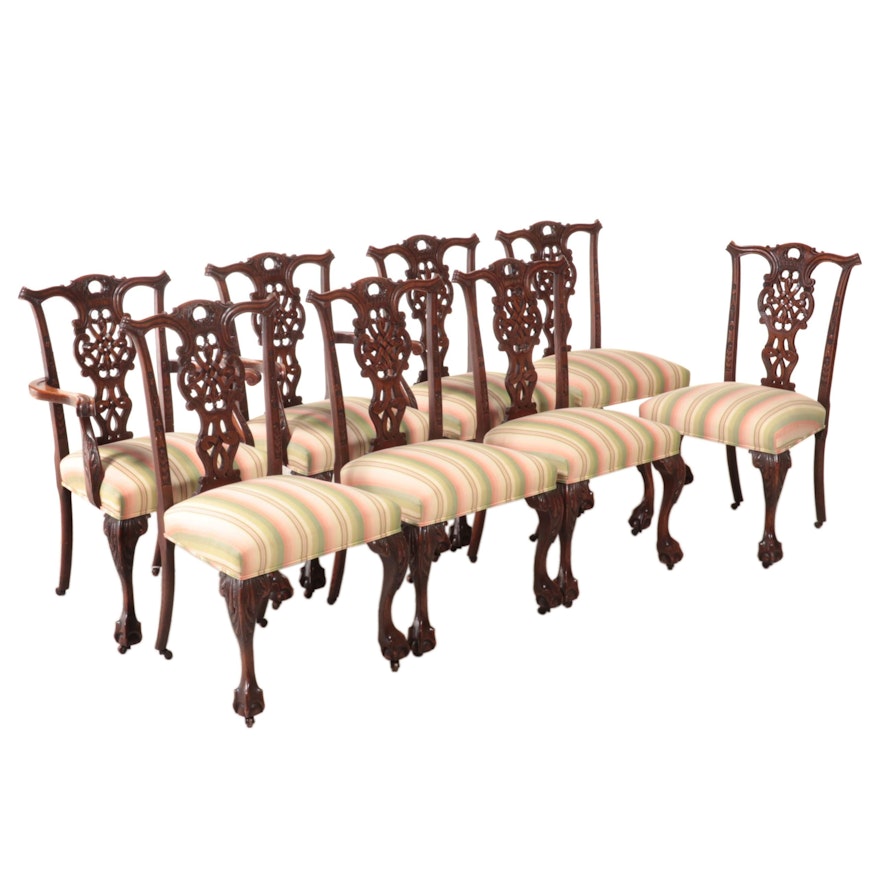 Eight Chippendale Style Oak Dining Chairs with Carved Ribbon-Backs
