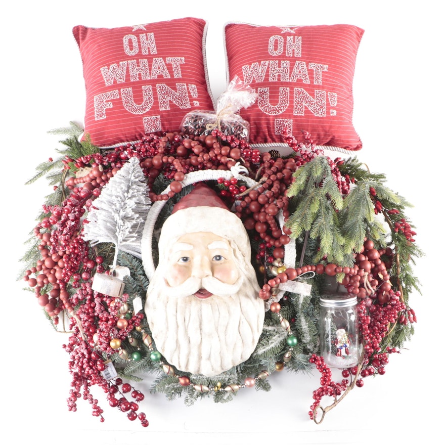 Decorative Pillows With Santa Head, Beads and Other Christmas Décor