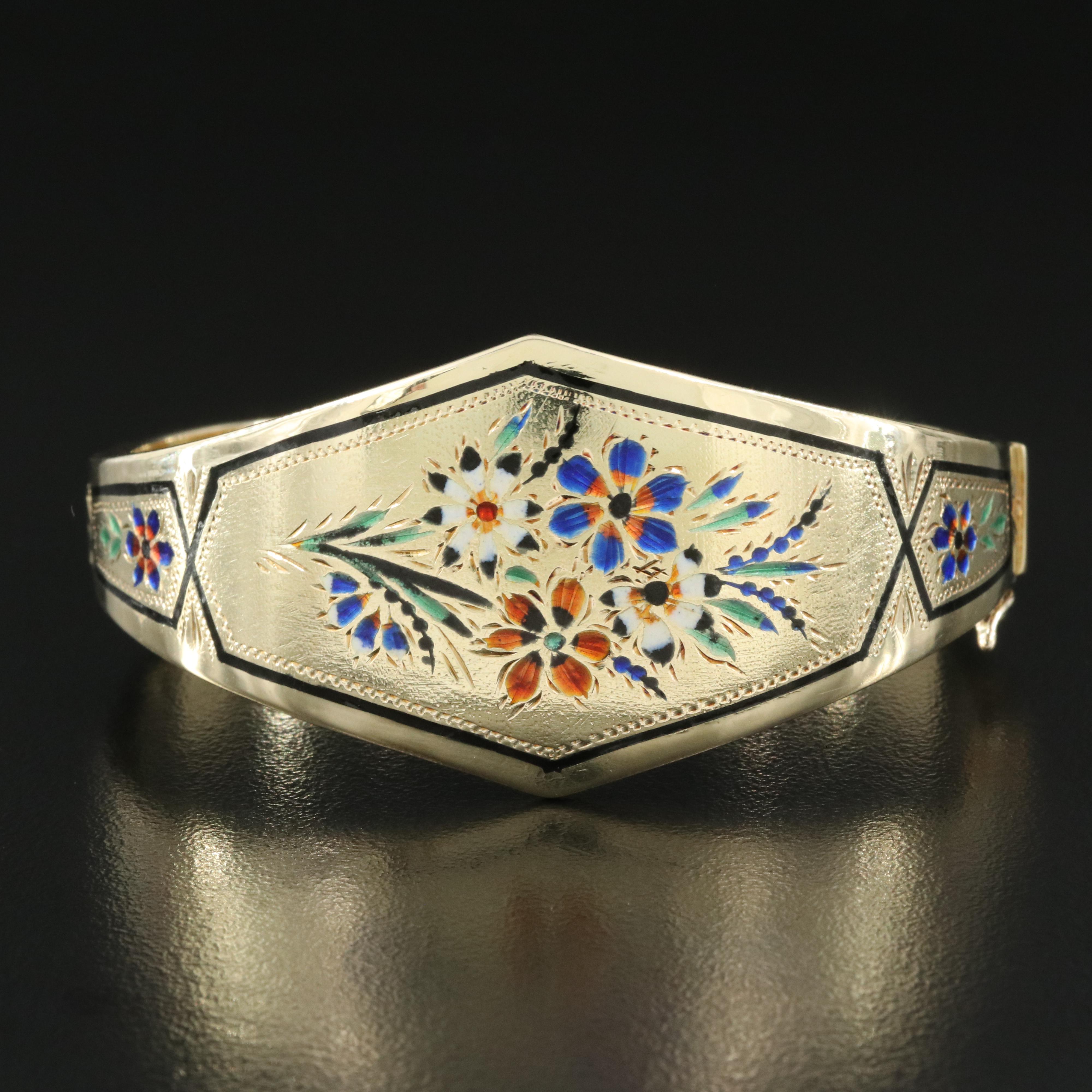 14K Enameled Floral Hinged Bracelet